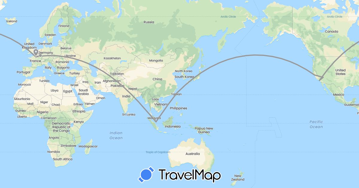 TravelMap itinerary: driving, plane in France, Luxembourg, Singapore, Taiwan, United States (Asia, Europe, North America)